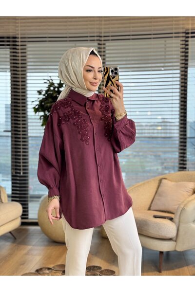 Nefise 260141 Şık Aplikeli Gömlek Bordo