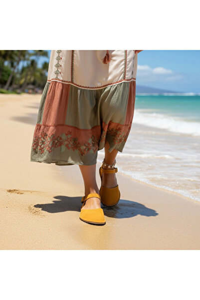 Kadın Sarı Süet Deri Minimalist Barefoot Sandalet | Kauçuk Taban