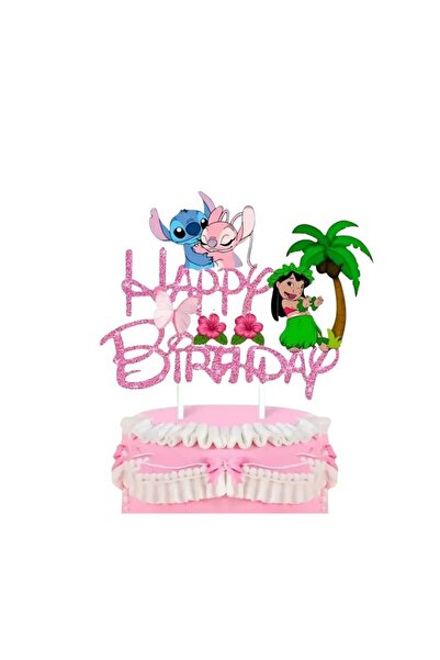 Baloane Vesele Topper Tort Stitch Si Angel Happy Birthday Roz Glitter Decor P...