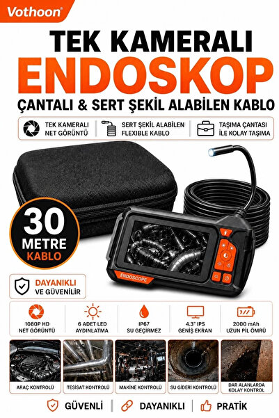 magicool Ekranlı Tek Kameralı 30 Mt Sert Kablo Yılan Endoskop Kamera 8 Mm 4.3...