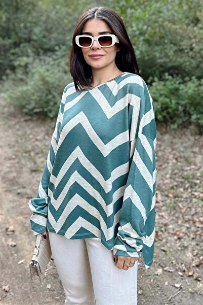 Moda4x4 Women's Khaki Round Neck, Long Sleeve, Zigzag Pattern, Loose Blouse