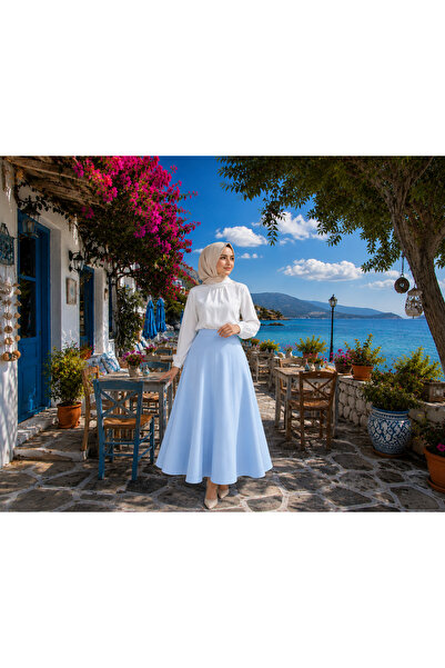Feyece Women's Ice Blue Knitted Scuba Crepe Hijab and Casual Skirt Length: 94...