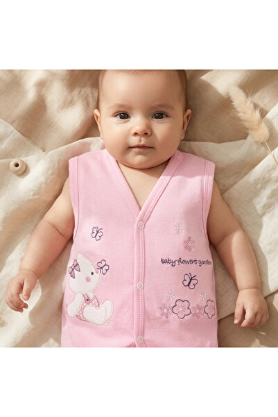 Babydonat Cotton Embroidered Baby Vest - Pink Teddy Bear and Flower Garden Th...