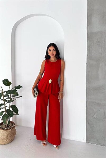 Neşeli Butik Kaldın Red Sleeveless Gold Buckle Detailed Peplum Cut Premium Ju...