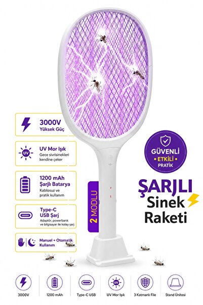 Thundara 3000V UV Işıklı Şarjlı Elektrikli Sinek Raketi 1200 mAh Type-C Stand...