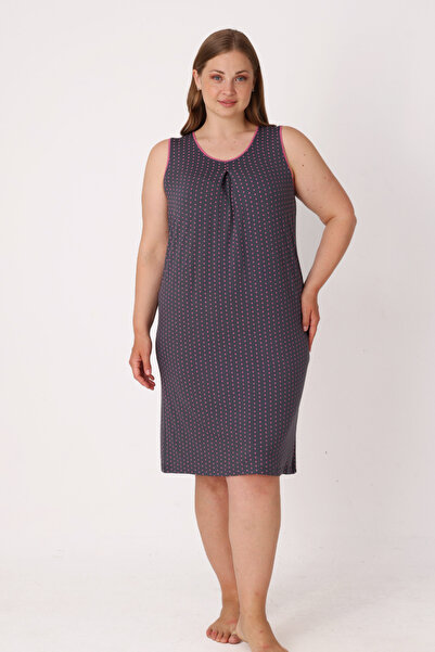 İntensive Purple Polka Dot Sleeveless Lycra Piping Detailed Women's Plus Size Nightgown