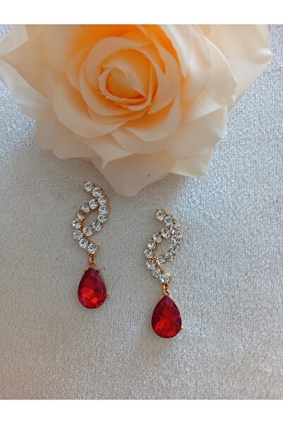 Pervin Ablacım Red Big Stone Hanging Evening Dress Earrings