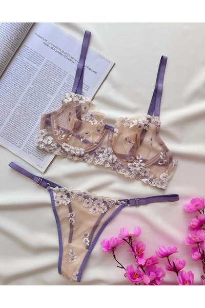 Daisy Çiçek İşlemeli Dantel Sütyen Tanga Takım – Nude Lila Transparan İç Giyim