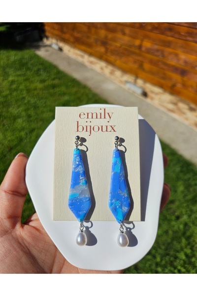 Handmade Earrings - Blue with silver accessory and pearl