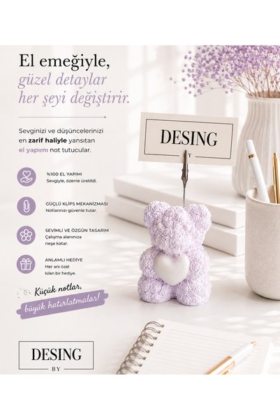 DESING BY El Yapımı Taş Tozu Ayıcık Not Tutucu – Dekoratif Masaüstü Not Tutucu