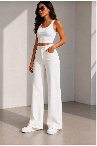 Ramrod Beyaz Kadın Likralı Yüksek Bel Wide Leg Salaş Geniş Paça Kot Pantolon