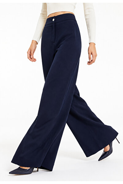 exxitcollection Elastic Waist Women's Navy Blue Trousers Wide Leg Non-See-Thr...