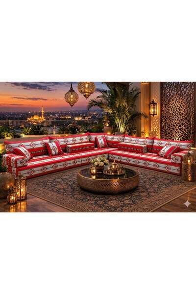 Xboat Traditional Arabic Majlis Floor Sofa Set, Red and Beige Geometric Patte...