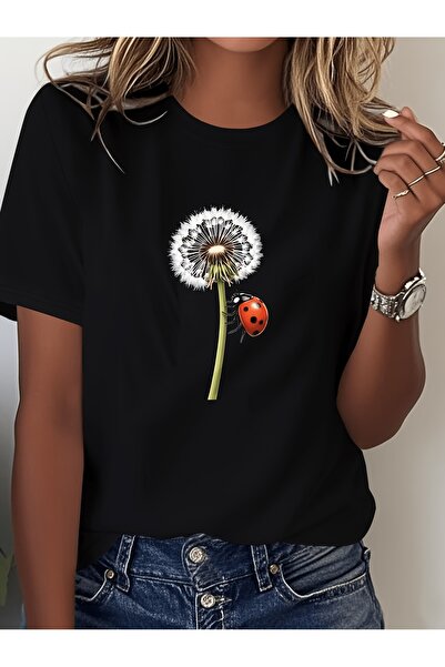 En22 Dandelion Ladybug Print T-Shirt, Short Sleeve Round Neck Casual Top for ...