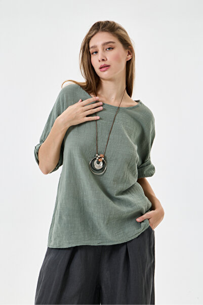 della moor Khaki Italian Oversize Blouse with Necklace, Size 40 - 44