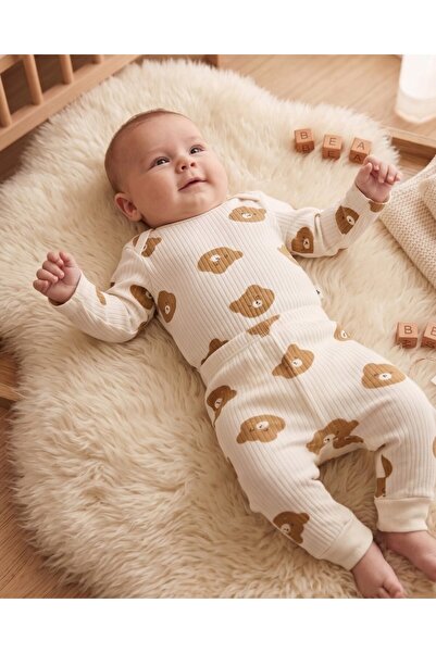 VOY KİDS 100% Cotton 0-3-6-9-12 Months Teddy Bear Printed Snap-On Bodysuit an...