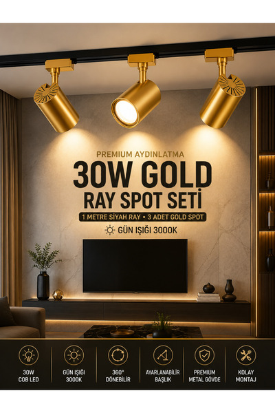 luxshome Gold Ray Spot Avize 3'lü 30W - 1 Metre Siyah Raylı COB LED Tavan Ayd...