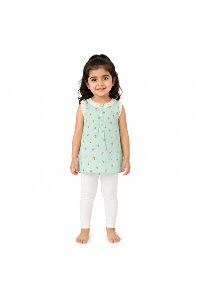 Generic Turquoise Girls Dress with Ruffles and Lace Collar Sleeveless