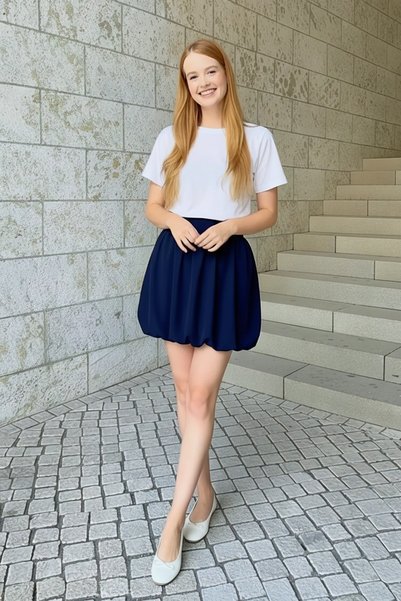 Ricalena Young Girls' Summer Casual Stylish Balloon Skirt Aerobin Fabric Elastic Waist Beige Navy Blue Color Trendy Model