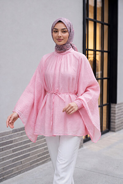 Kukini Hakim Yaka Kemerli İspanyol Kol Oversize Liyosel Tunik - Pembe