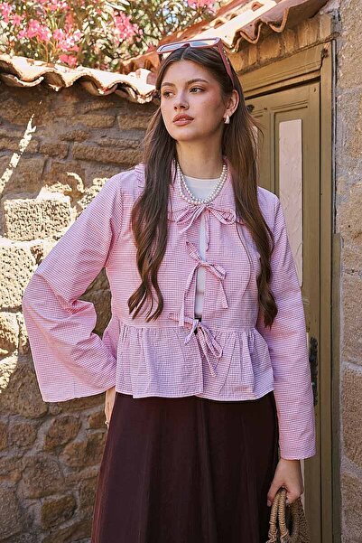 ZÜLAYS Gingham Lace-Up Shirt Pink