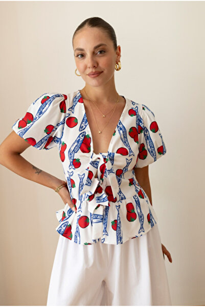 FEMMESTUDIO Women's White Bowknot Fruit Patterned Blouse