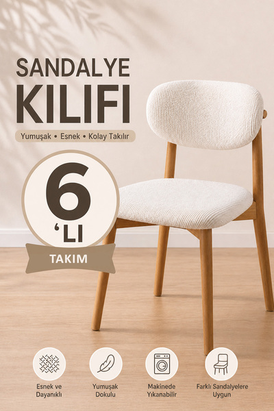 Softlife 6'lı Bohem Sandalye Kılıfı - Krem, Welsoft Esnek Lastikli Yıkanabili...