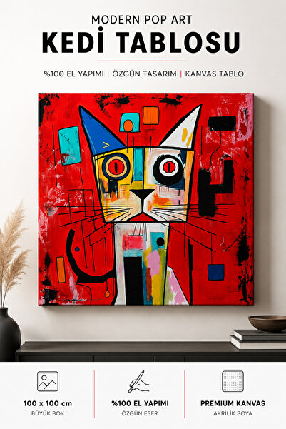 Deep Custom Art Modern Pop Art Kedi Tablosu 100x100 cm %100 El Yapımı Kanvas Duvar Tablosu