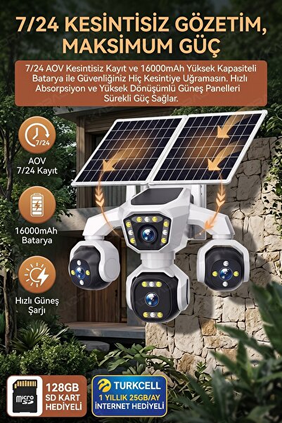 Kadraj 4 Kameralı - Solar Panelli 16000 Mah. Turkcell Yıllık Hat 20MP Güvenli...