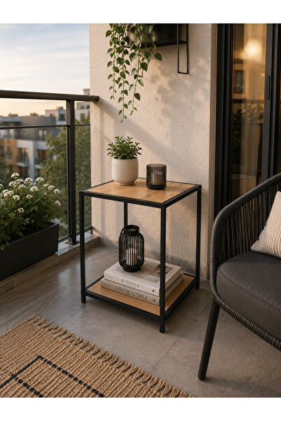 Trendmiz velmark 2 Raflı Metal Ayaklı Ahşap Yan Sehpa – Atlantik Çam /60x45x33