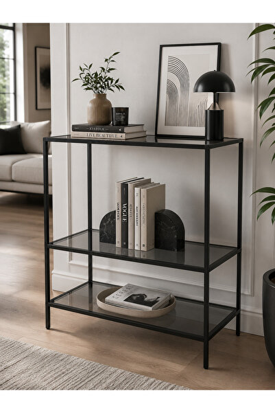 Trendmiz Ay 3 Raflı siyah Metal füme Cam Dresuar / Dekoratif Konsol – 85x70x3...