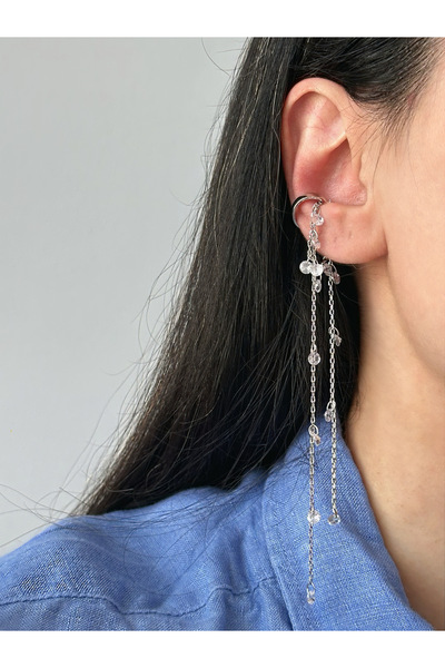 ringbox Gümüş Renkli Sallantılı Taşlı Kıkırdak Küpe Earcuff