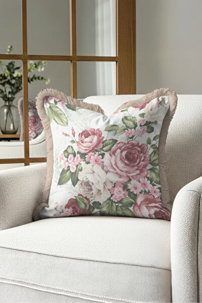 Evimde Bambaşka Floral Romantic Rose Garden Fringed Pillowcase - Floral Powde...