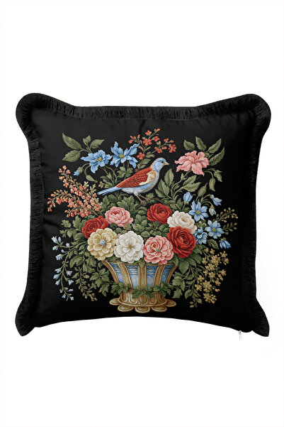Evimde Bambaşka Vintage Baroque Fringed Pillowcase with Birds and Flowers-Cha...