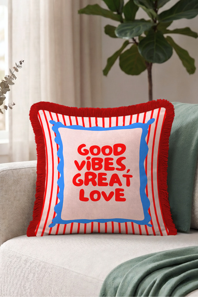 Evimde Bambaşka Κάλυμμα μαξιλαριού με κρόσσια Good Vibes Great Love - Ρετρό ρ...