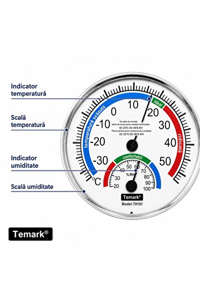 Temark Termometru și higrometru analog TH101, -30°C/+50°C, 20%-100% RH, diametru 128 mm
