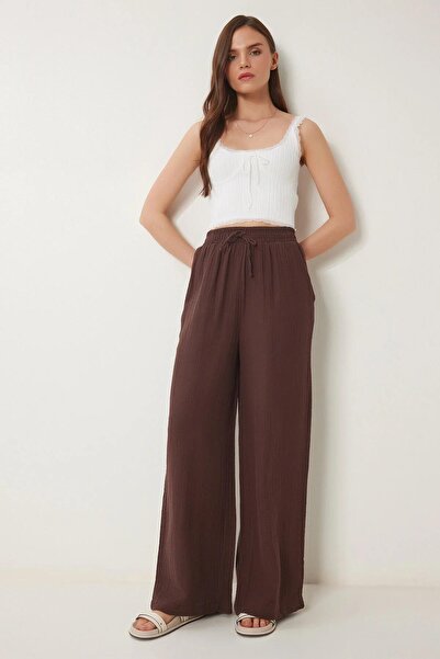 TENA Women's Brown Elastic Waist Wide Leg Muslin Trousers