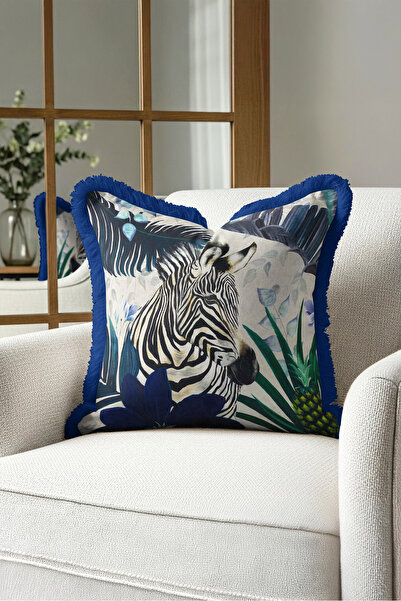 Evimde Bambaşka Exotic Safari Zebra Pattern Fringe Pillowcase - Bohemian Gree...