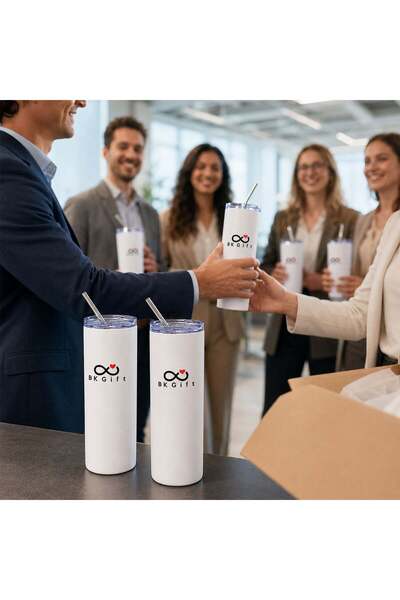 Bk Gift Personalized with Your Logo, 5 Steel Thermoses with Straws, 600 ml White Stainless Corporate Thermos