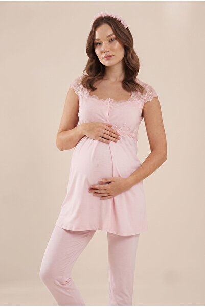 LOHOUSE Women's Powder Lace 2-Piece Special Design Maternity Pajama Set