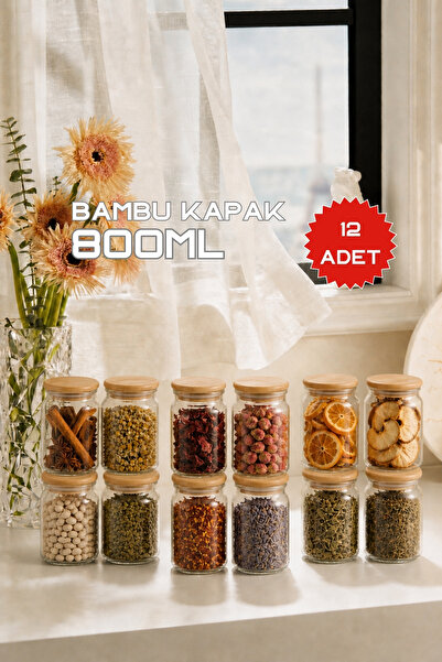 GÖNÜL 12’li 800 ml Bambu Kapaklı Cam Kavanoz Seti Vakumlu Kapaklı Baharatlık ...