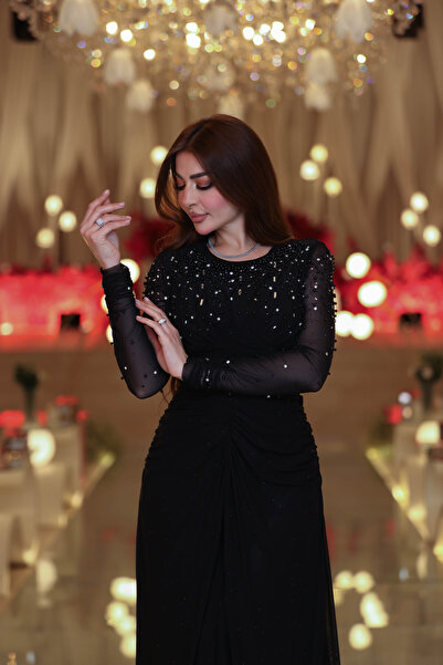 JAQUEEN Elegant Black Dress with Shiny Embroidery and Transparent Sleeves