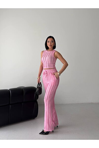 Halter Yaka Ters Dikiş Crop Pantolon Alt Üst Takım