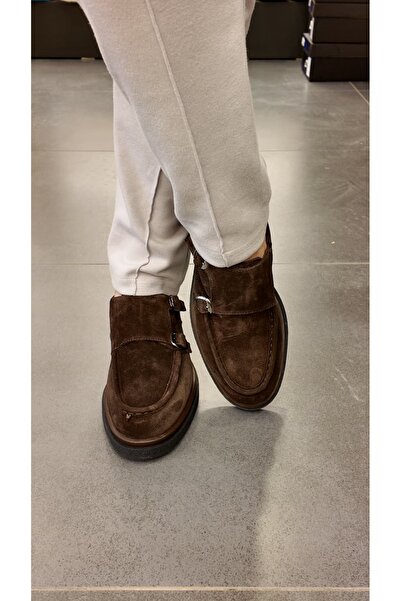 msport premium 4823 Men's Brown Double Buckle Genuine Suede Leather Shoes