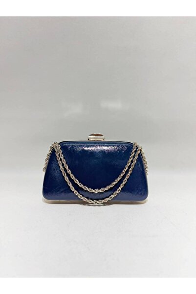 womenacs Navy Blue Color Rustic Material Design Evening Dress Clutch with Cha...