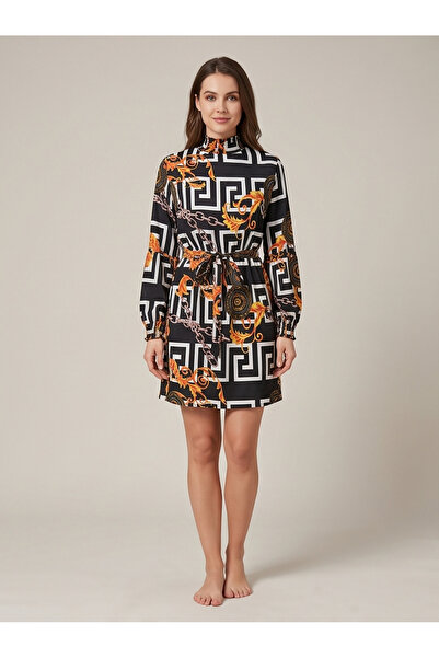 gökçesu Women's Geometric Patterned Chain Detailed Dress - Gipeli High Neck L...