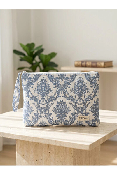 PURSEMARK Mavi Beyaz Damask Çiçek Desenli Tablet Kılıfı 11-13 İnç Fermuarlı E...
