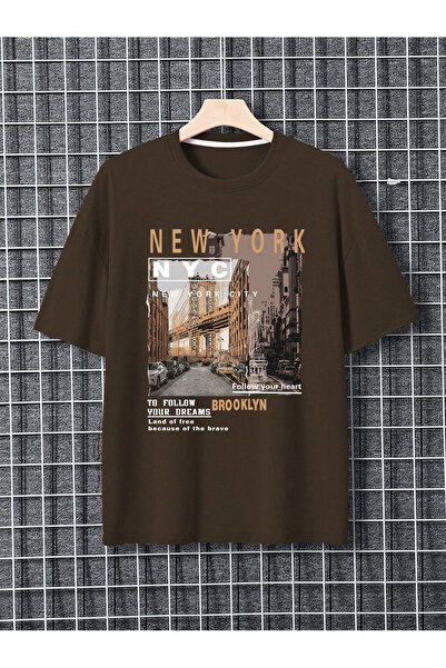 LUMSHİNE Tricou oversize cu decolteu rotund și imprimeu clădiri New York