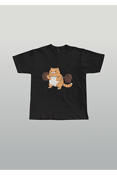 LUMSHİNE Oversize Weight Lifting Cat Gym Sports Printed Crew Neck T-Shirt