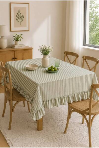 linea natura home Çizgili Yeşil Naturel Vintage Fırfırlı Masa Örtüsü